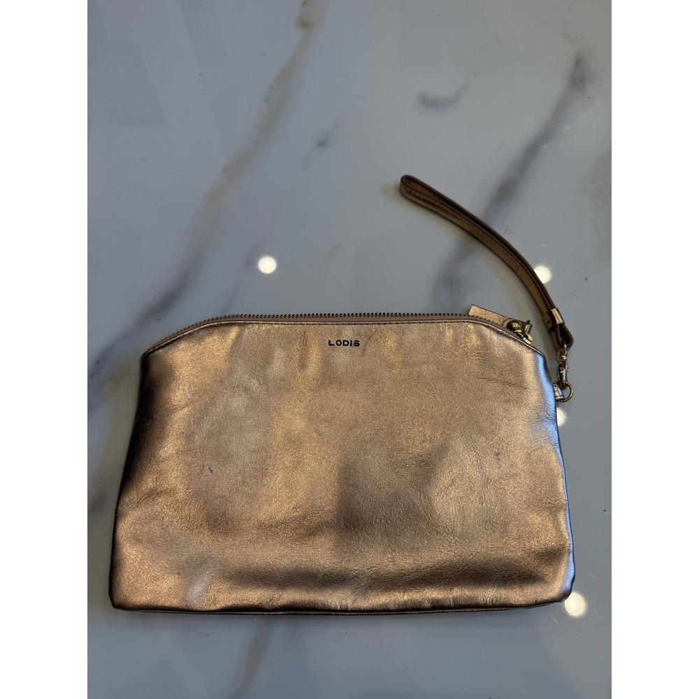 Lodis Rose Gold Metallic Leather Wristlet Clutch Bag Card Slots Zip Top